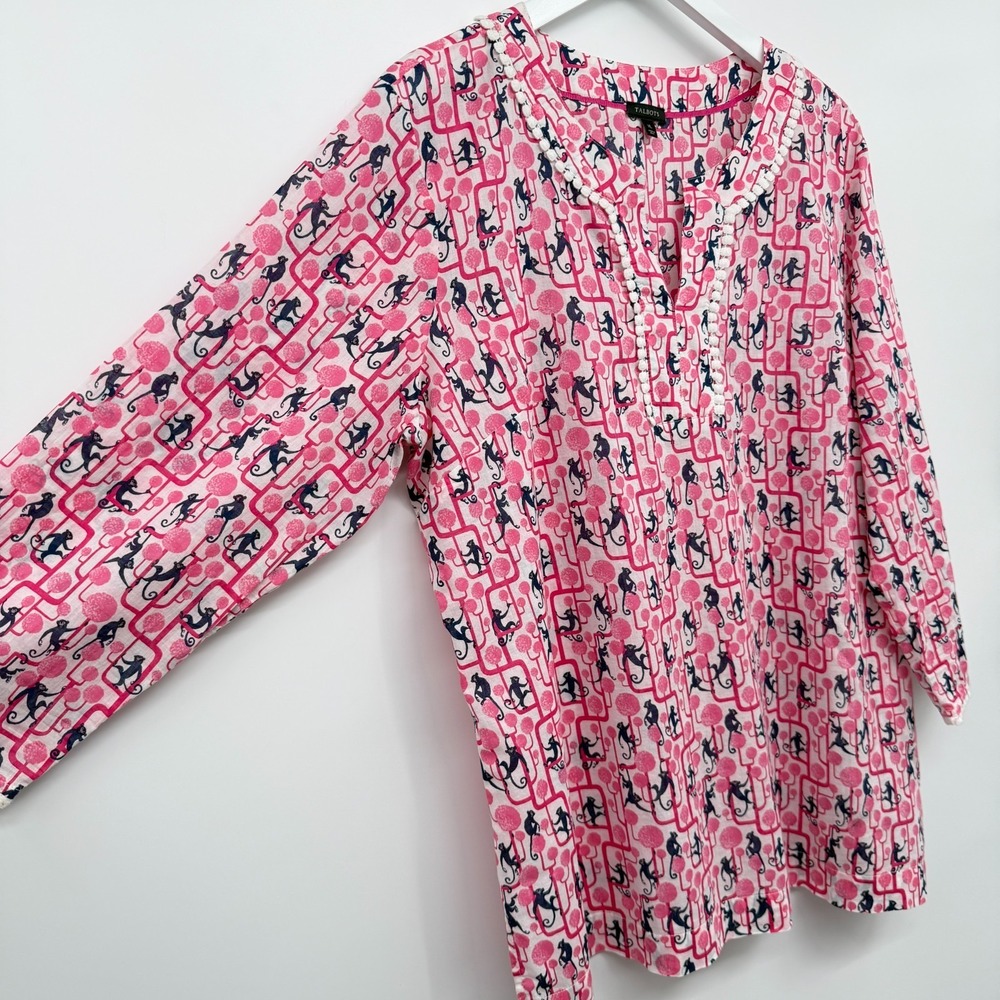 Talbots Top Shirt Blouse Size XL Monkeys 3/4 Sleeve Cotton Popover Resort New - Picture 2 of 13